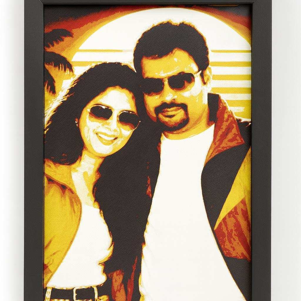 Custom Hueforge wall art showing a warm-toned couple portrait in layered PLA