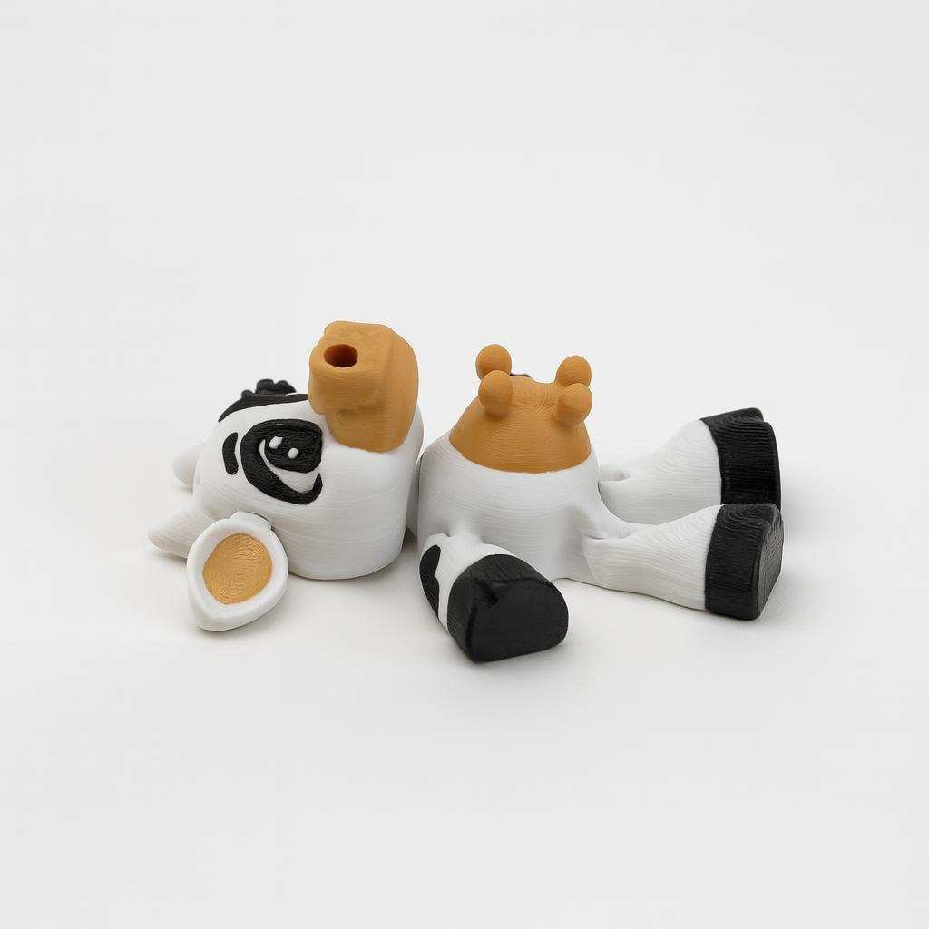 3D printed mini cow parts shown before assembly on white background