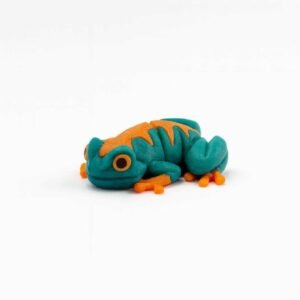 Articulated frog fidget toy in teal and orange PLA, side view