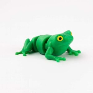 3D printed tiny frog figurine in green PLA with bright eyes