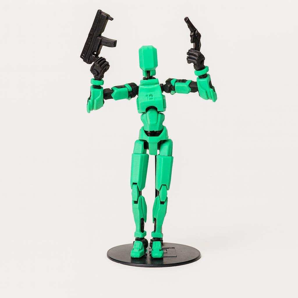 3D printed articulated figure in green PLA posed with accessory props