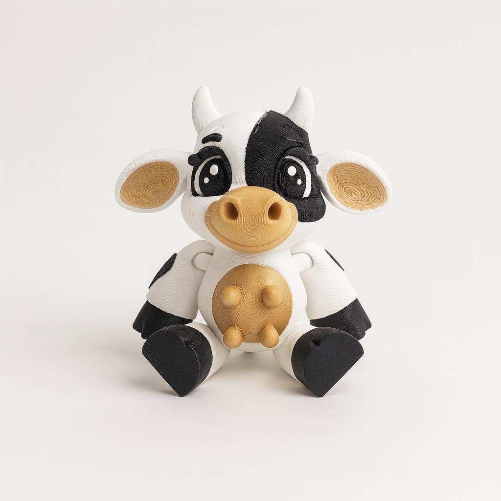 3D printed mini cow seated pose front view with black white and tan details