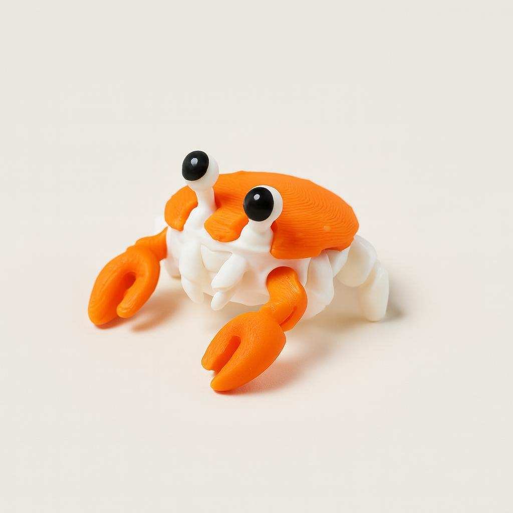 Close-up of 3D printed crab figurine with orange shell and claws