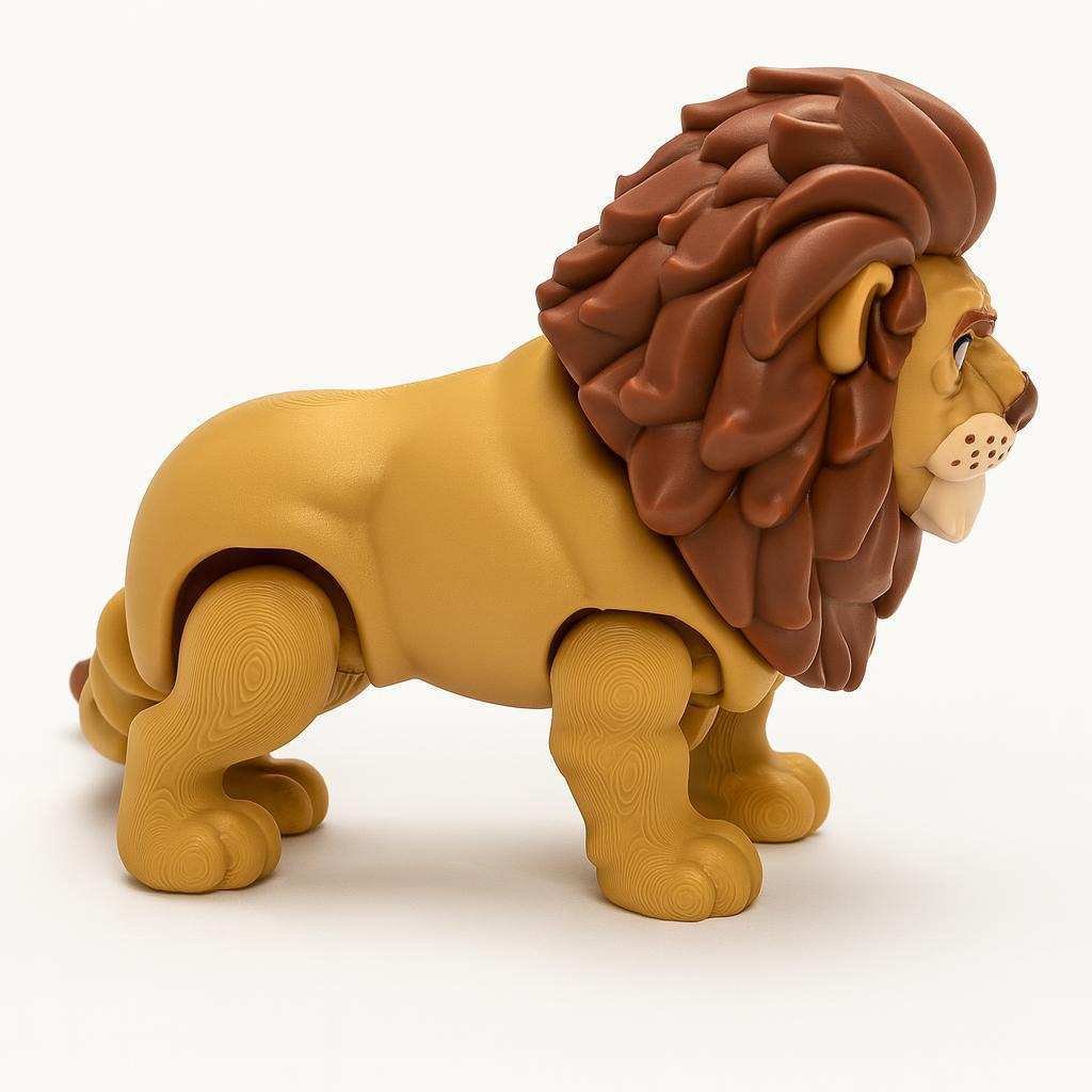 Side profile of articulated lion figure showing jointed legs and tail