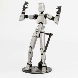 3D printed articulated figure in silver PLA posed on a round base
