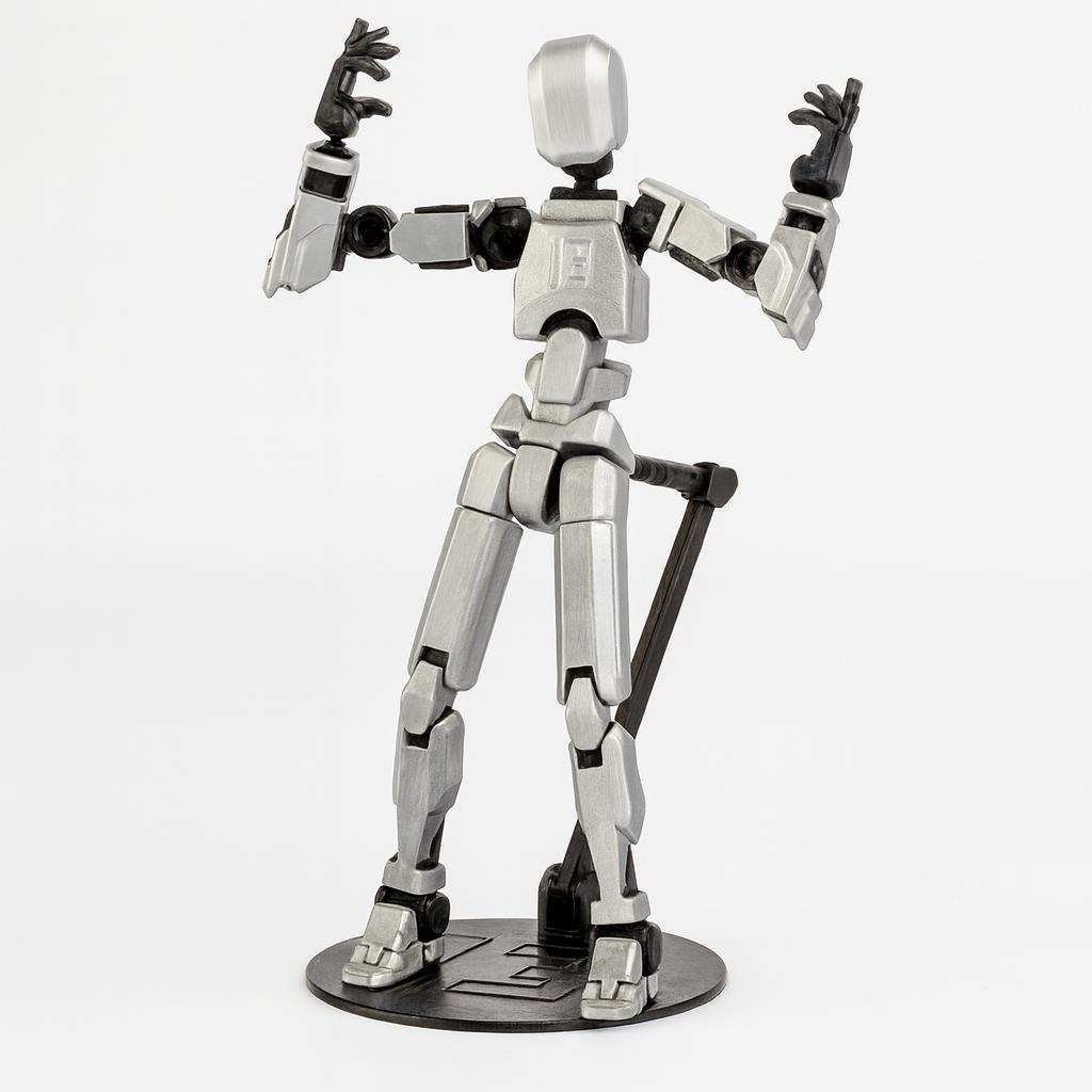 3D printed articulated figure in silver PLA posed on a round base