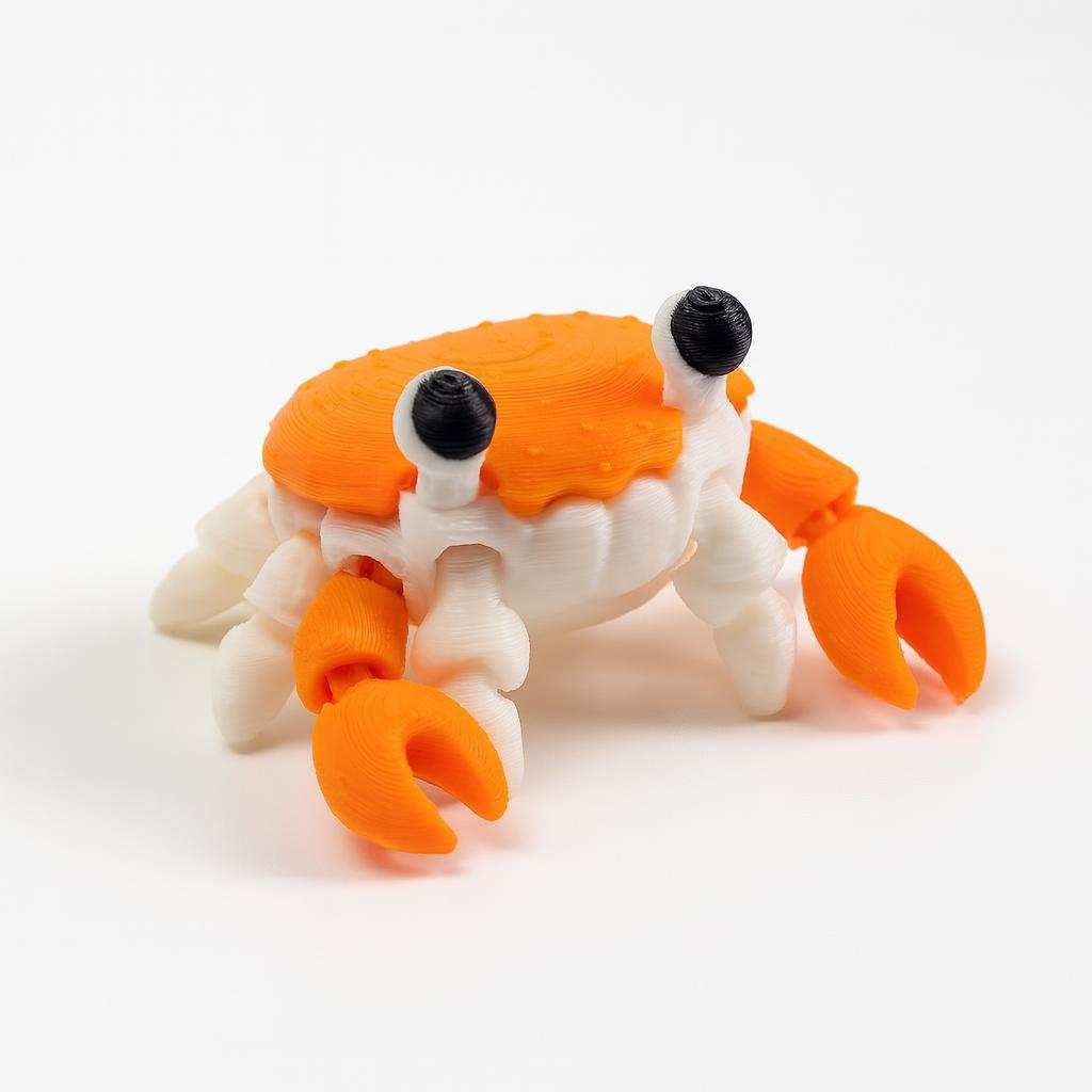 Side view of a 3D printed flexi crab desk buddy with raised eyes