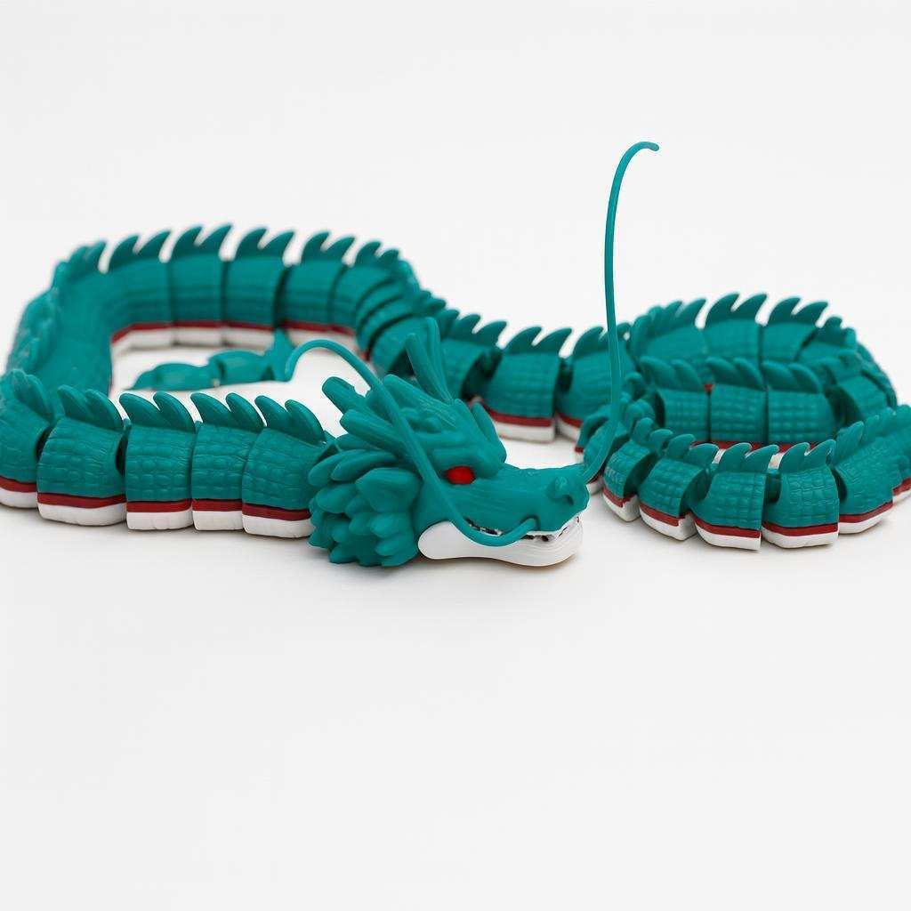 Poseable 3D printed dragon desk toy stretched out for display
