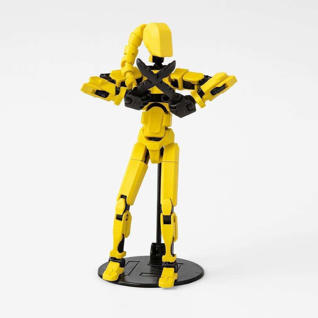 3D printed articulated figure in yellow PLA with black joint accents on a display base
