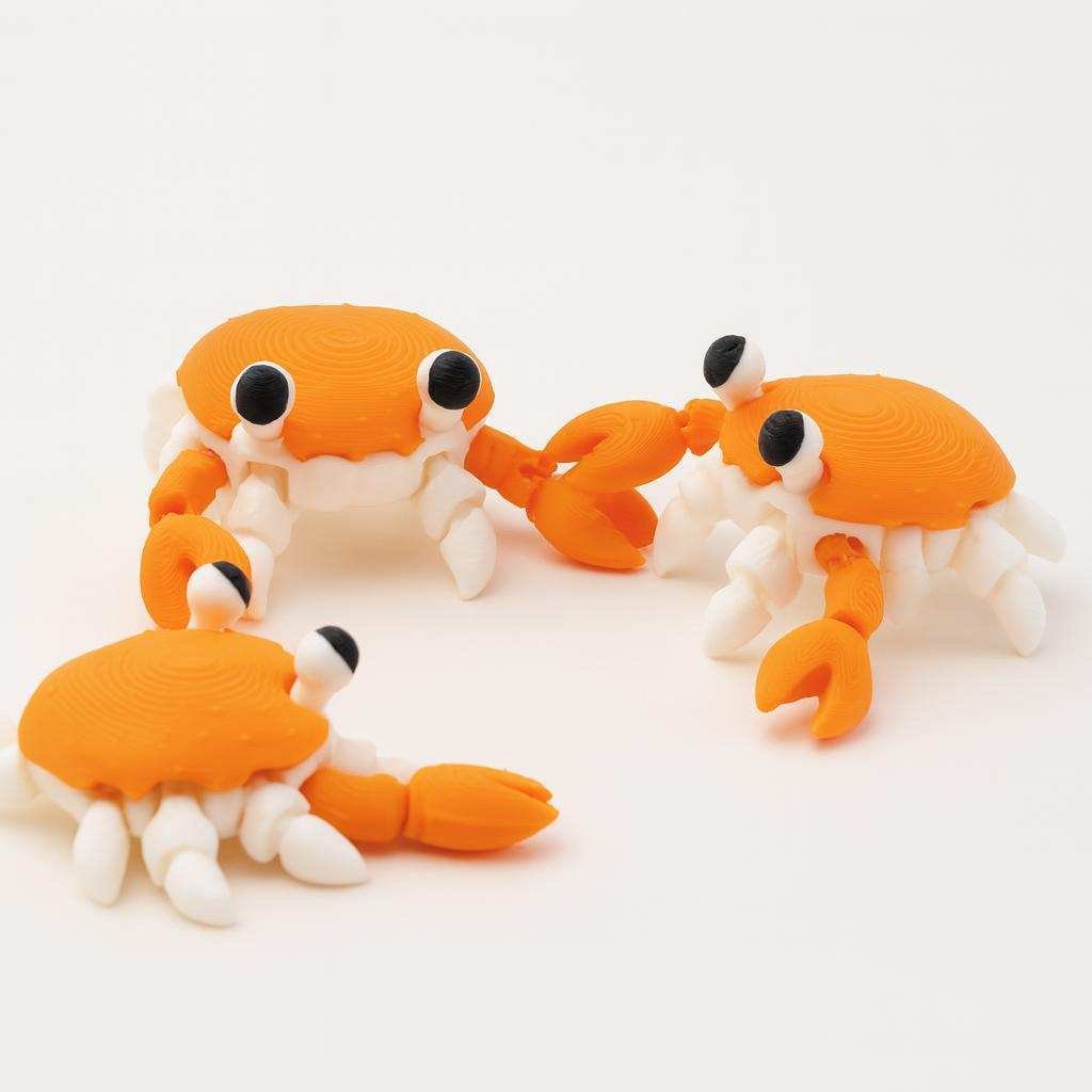 Three articulated crab figures grouped together for desk decor ideas