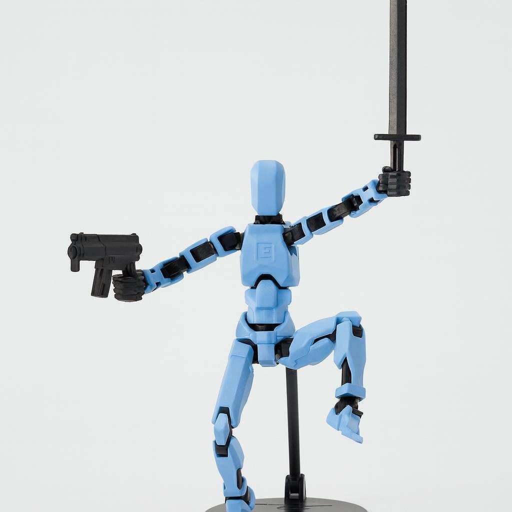 3D printed articulated figure in blue PLA posed on a stand holding a sword-like prop