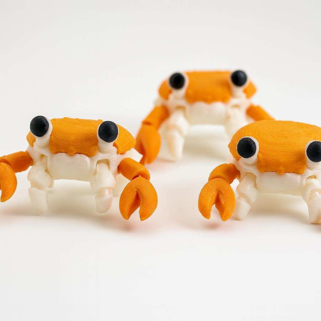 Front view of flexi crab with orange claws and white legs