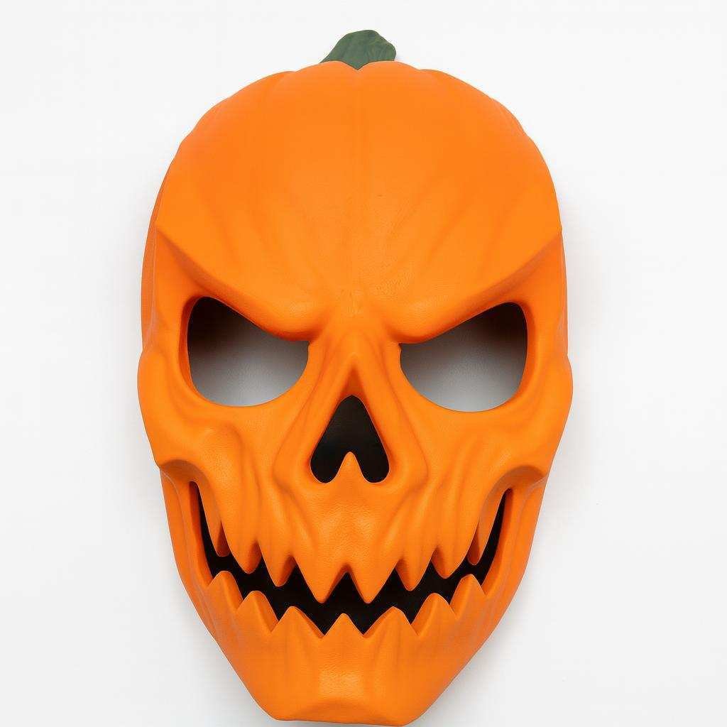 pumpkin skull Halloween mask front view in orange PLA with green stem