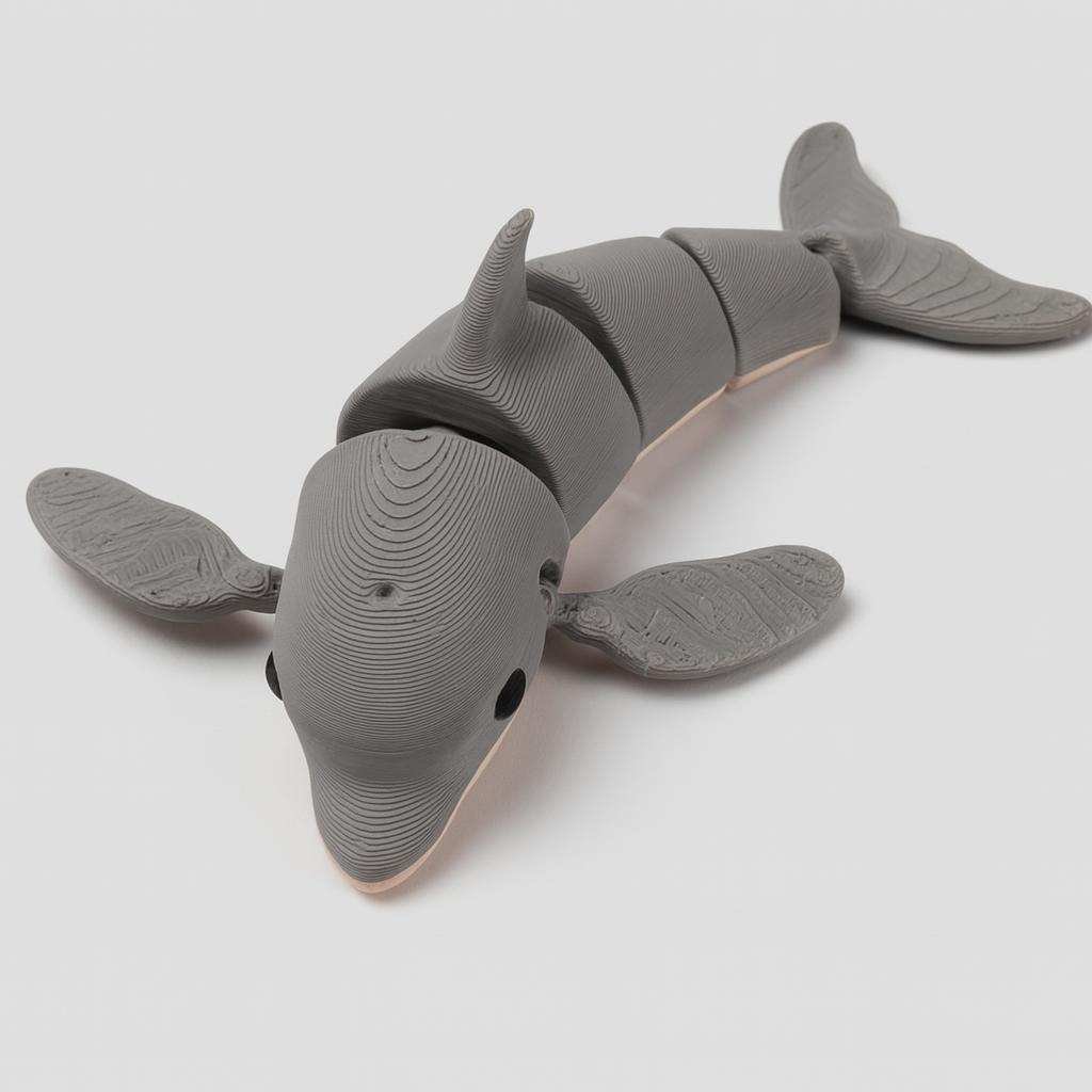 Articulated flexi dolphin toy in grey PLA with poseable segments