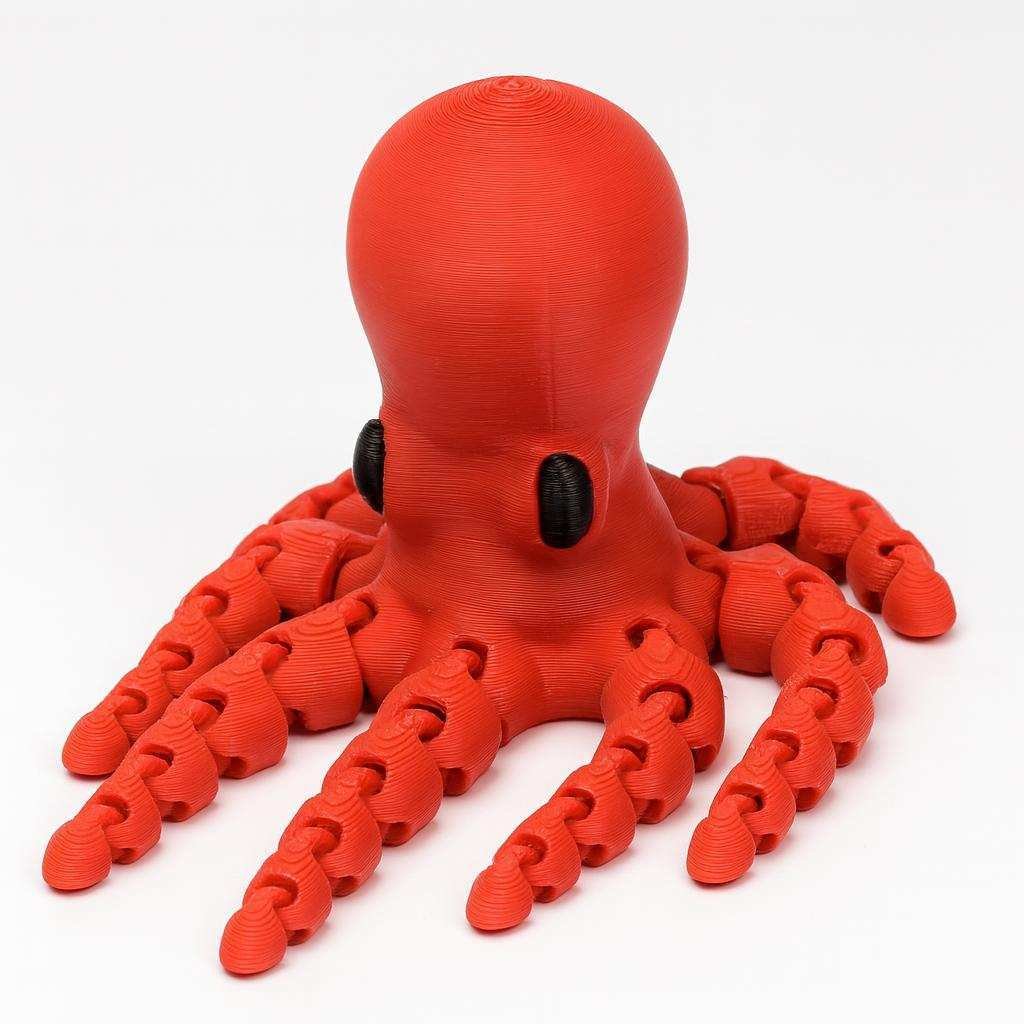 Articulated 3D printed octopus in red PLA with poseable tentacles