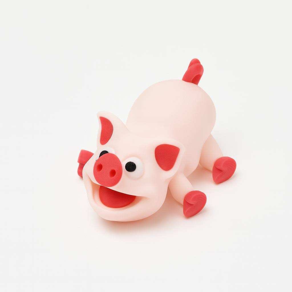 Flexi pig fidget toy in PLA with pink body and red accents