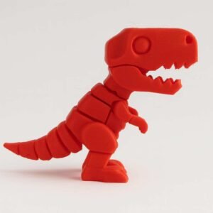articulated T-Rex dinosaur 3D printed in red PLA side view