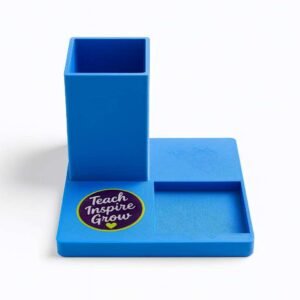 Personalized desk organizer with pen holder in blue PLA with note tray