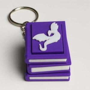 Mini book fidget clicker keychain in purple PLA with white pages and metal key ring