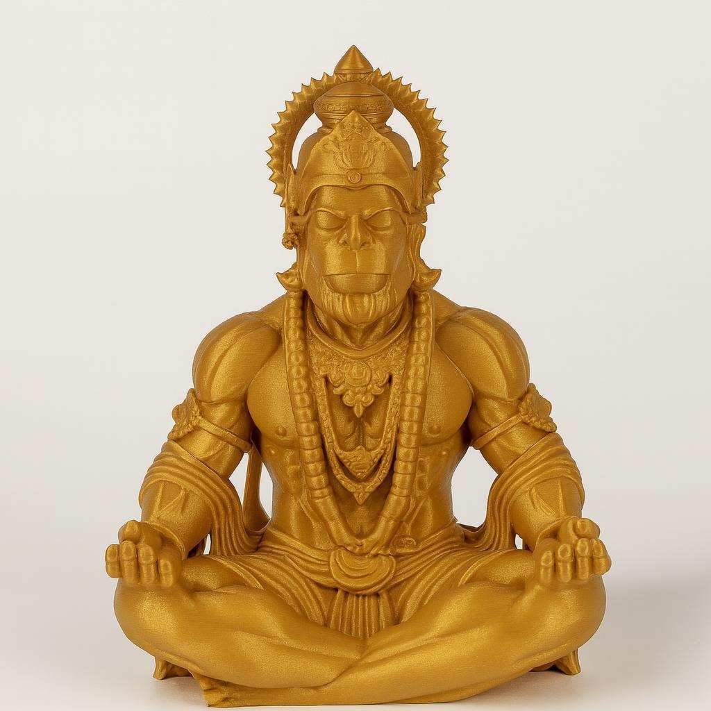 3D printed Hanuman statue in meditation pose, PLA gold-tone finish