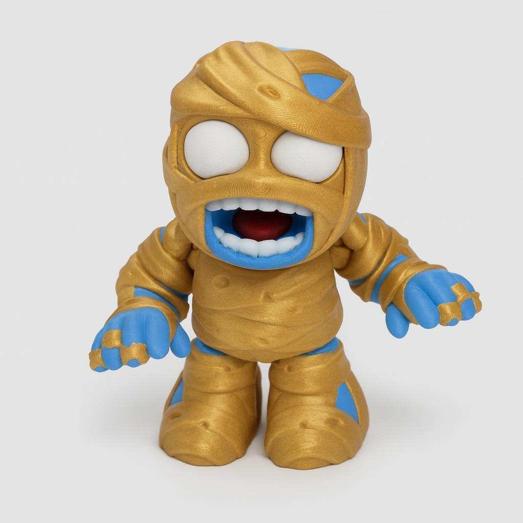 chibi mummy figurine 3D printed in PLA with wrap texture and expressive face
