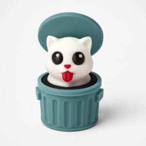 Cat trash can clicker 3D printed desk fidget with a cat popping out of a mini trash can