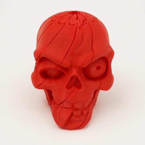 Twisty skull fidget toy in red PLA, front view