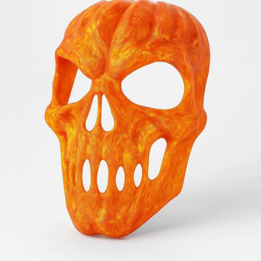 Pumpkin Skull Halloween Mask angled view showing carved pumpkin ridges and skull cutouts