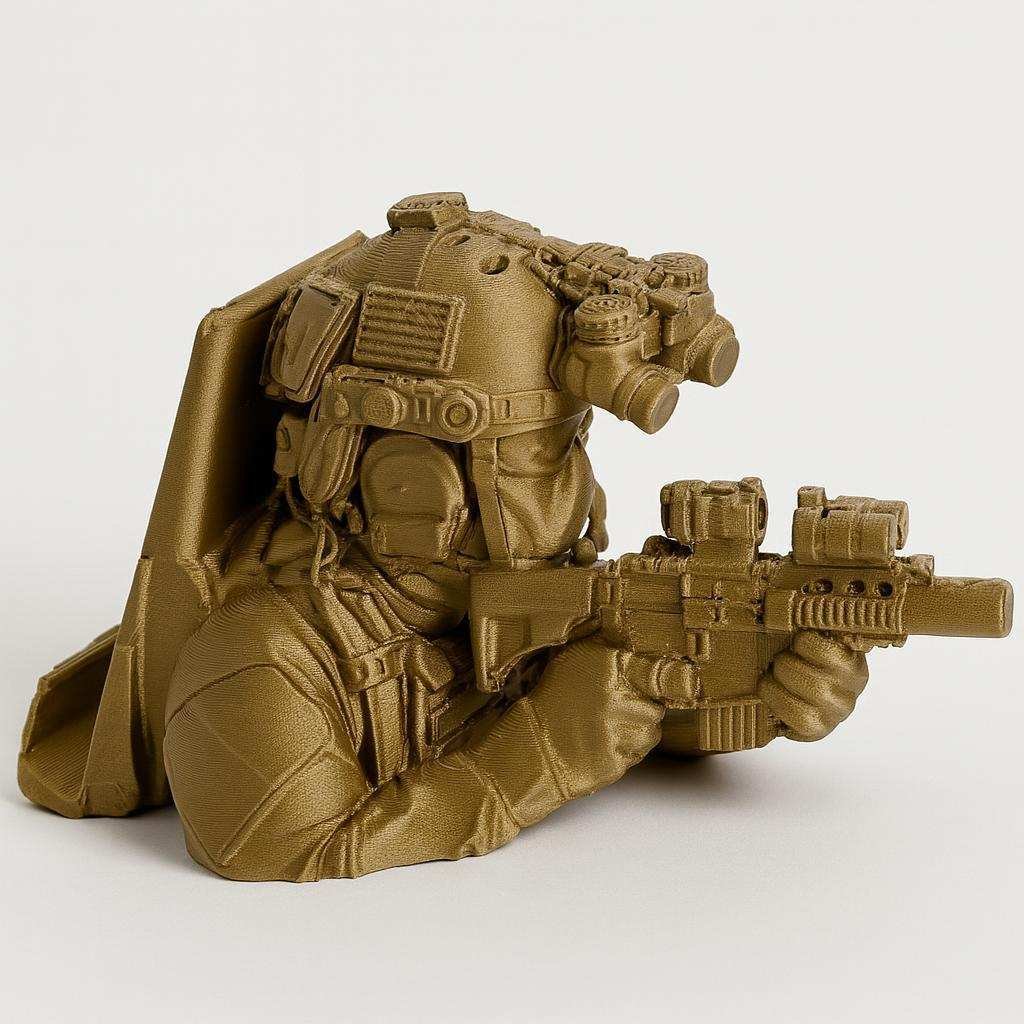 Special ops phone stand side profile showing detailed helmet and gear