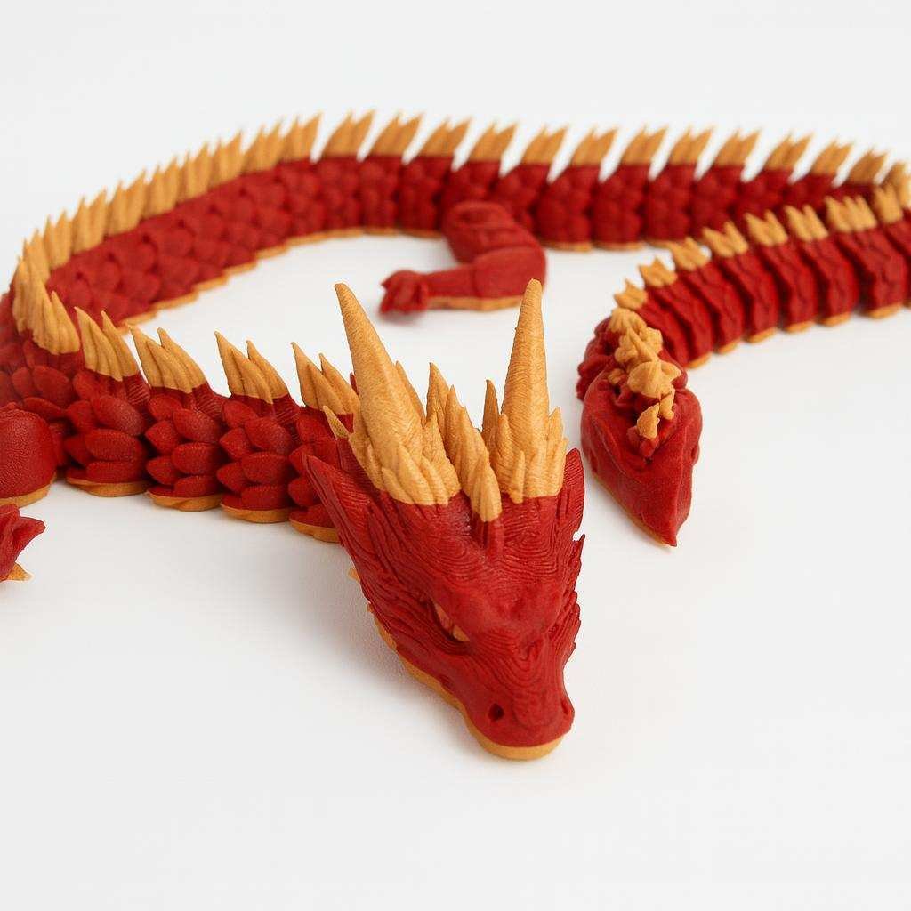 poseable PLA dragon figure in red and gold colorway with spiked back