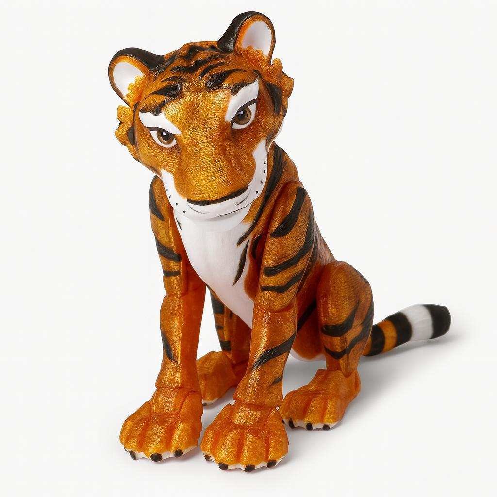 Tiger figurine close-up showing striped body and expressive face