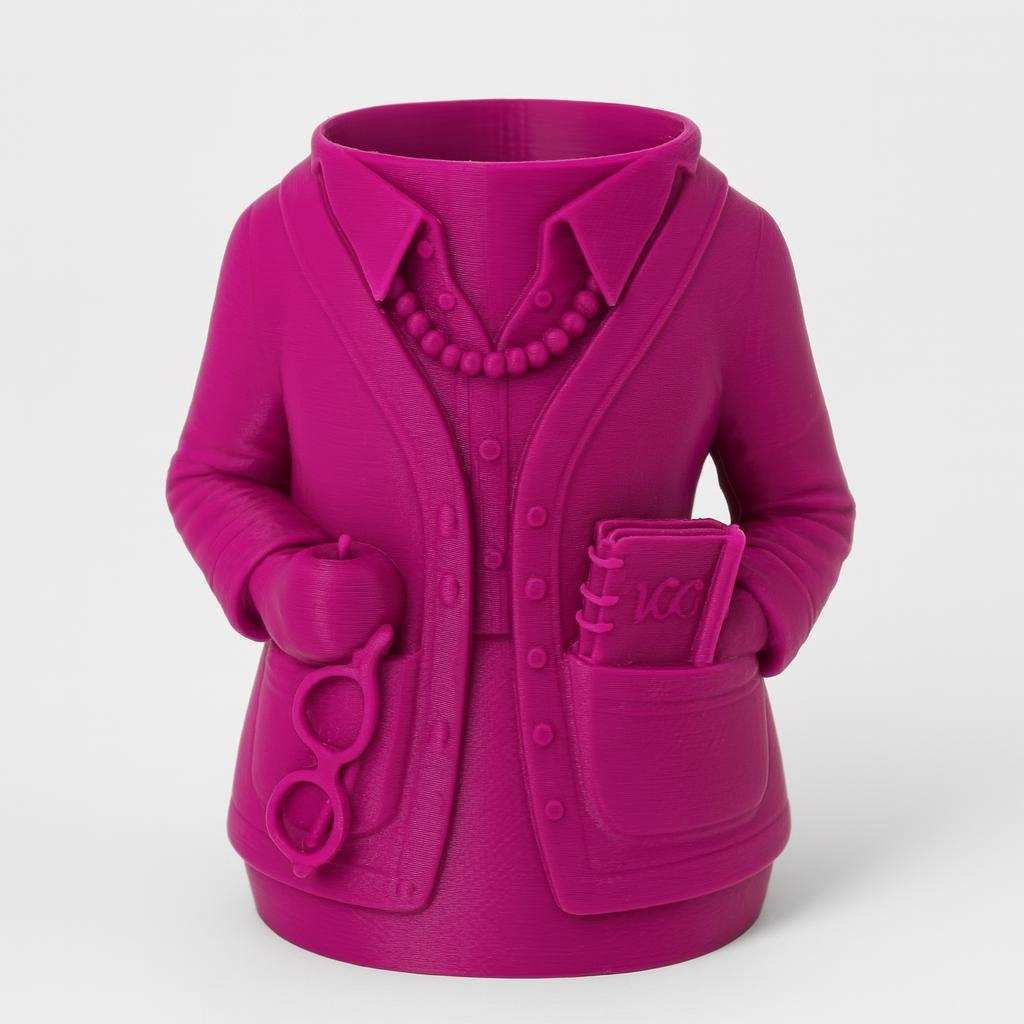 Teacher pen holder desk cup in magenta with cardigan and notebook details