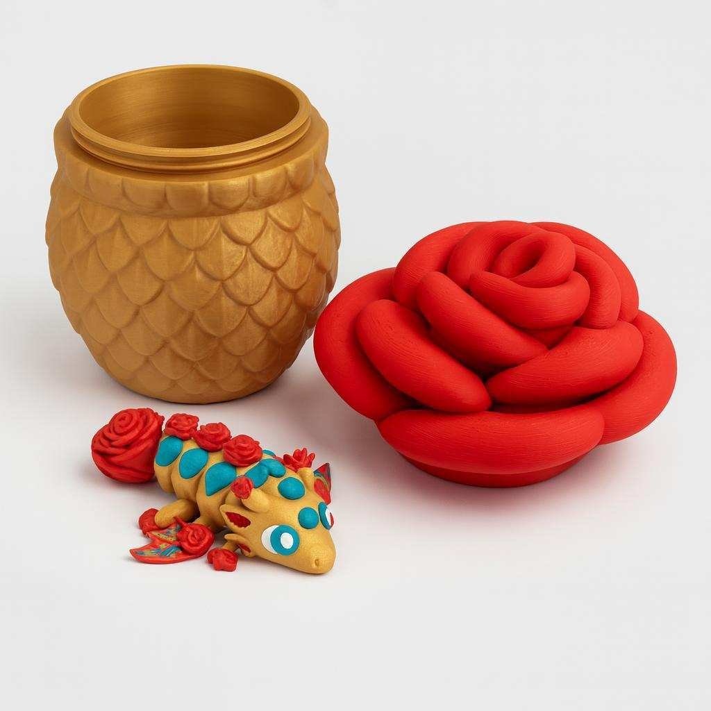 Open scaled egg storage jar with rose lid beside rose dragon figure