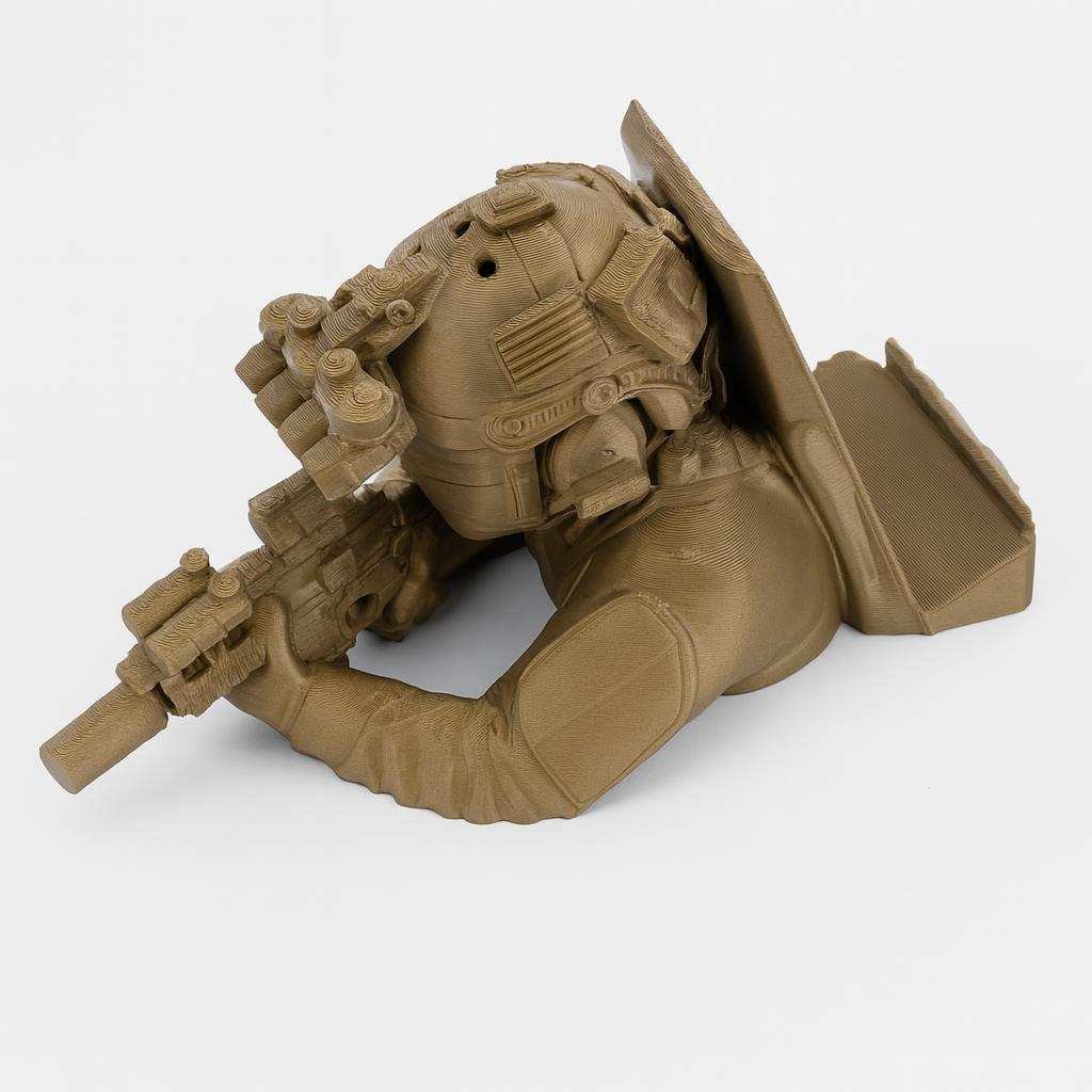 Angled view of special ops phone stand with rear support panel