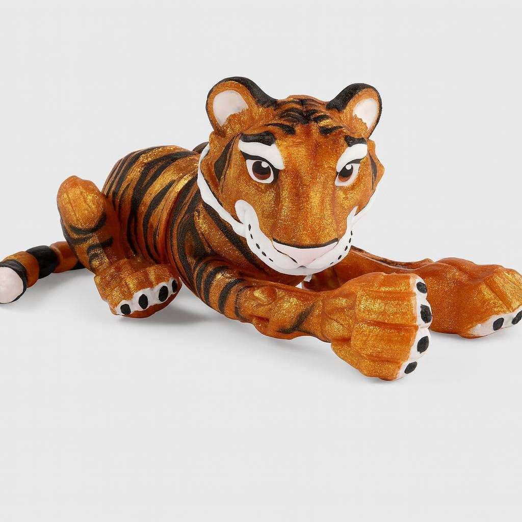 3D printed tiger figurine lying pose showing stripe detailing